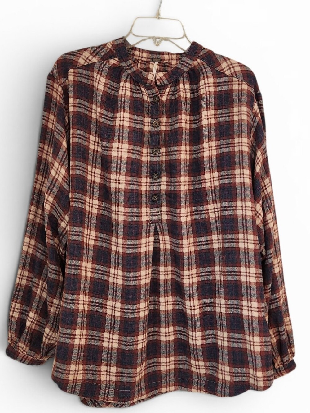 Free People Plaid Button-Front Top in Navy, Rust, Cream Size M